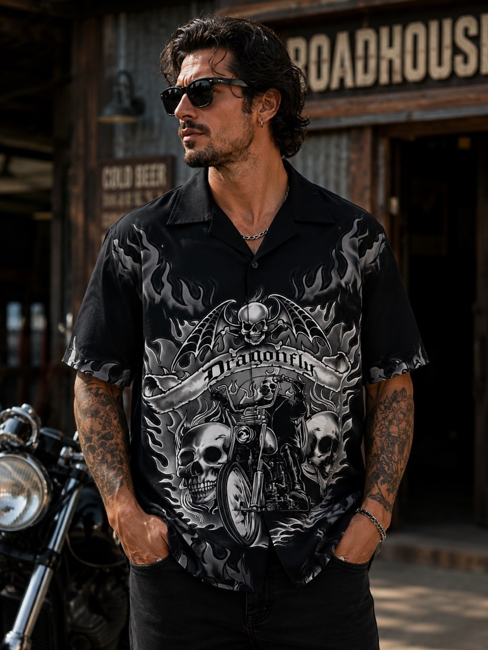 Dragonfly Roadhouse Skull Biker Men's Shirt XL